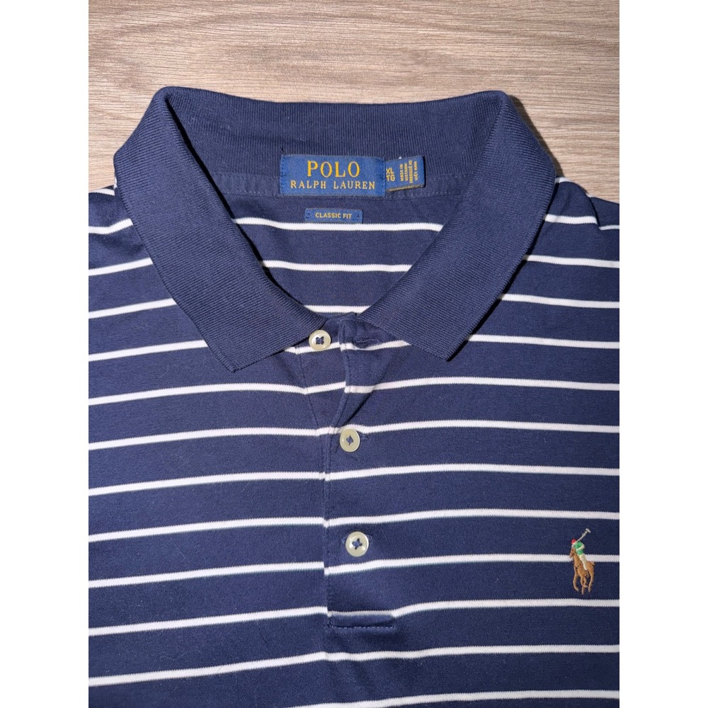 Polo Ralph Lauren Mens XL Classic Fit Striped Polo Shirt Navy Blue White M2 - Picture 3 of 7